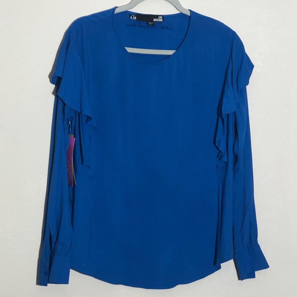 Love Moschino Women's Sz 4 Blue Long Sleeve Ruffle Sleeve Blouse Top‎